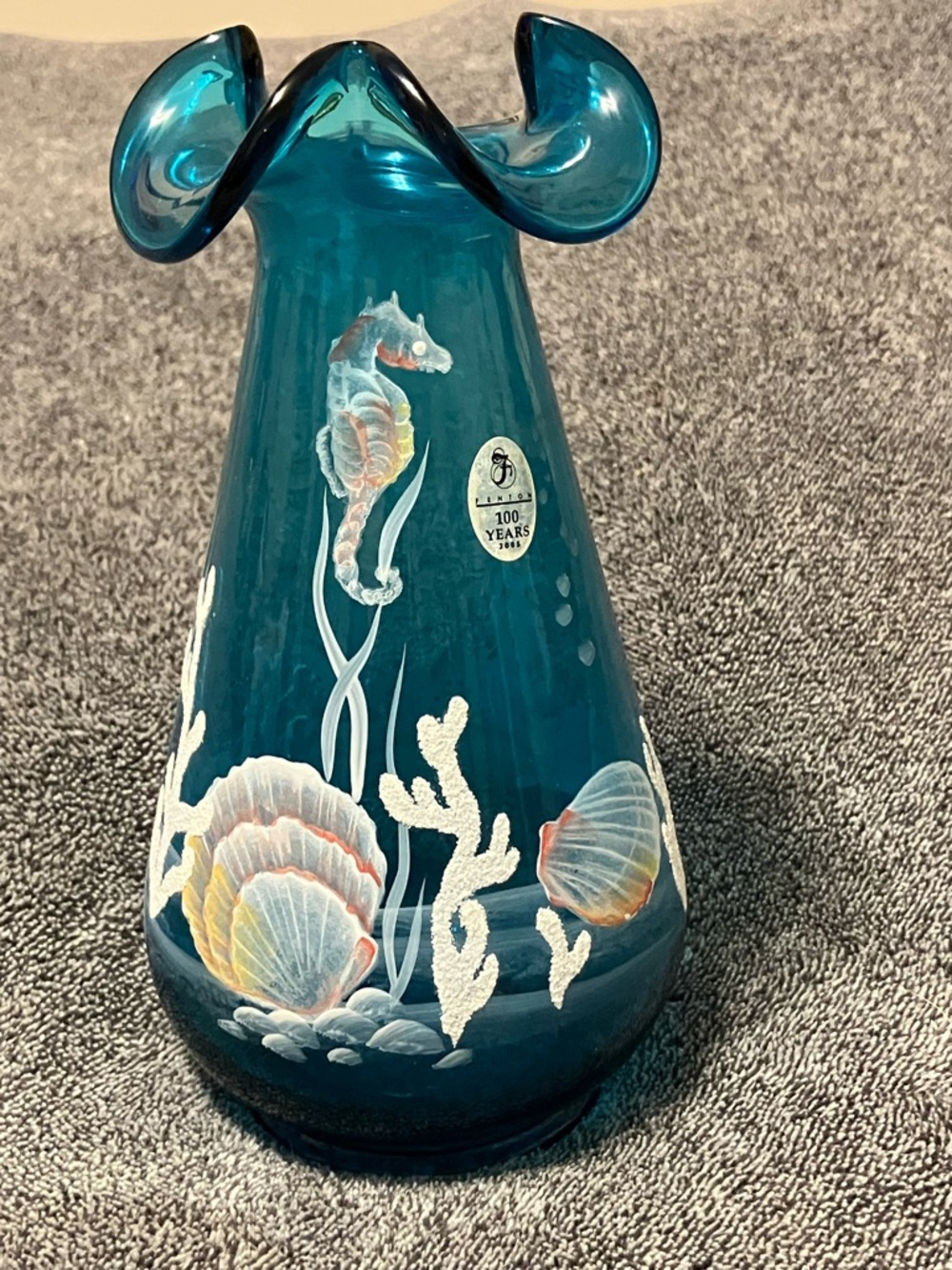 Fenton TURQUOISE SEA LIFE SEAHORSE NAUTICAL VASE. 100th Anniversary Signed